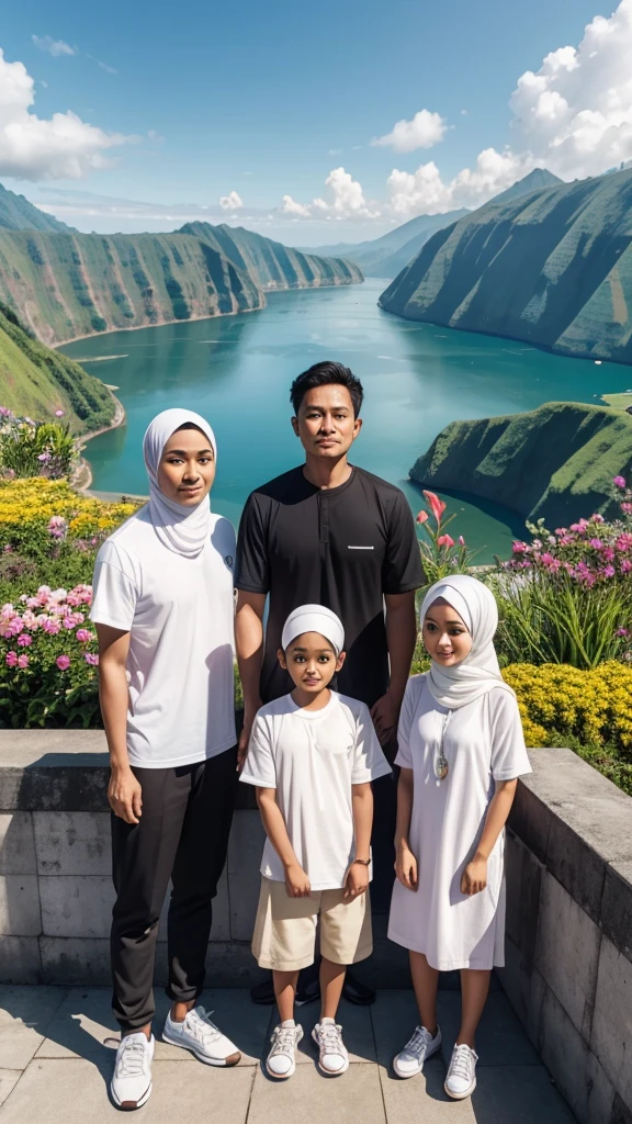 Create a friendly close-up photo style featuring an Indonesian MAN aged 40 and a MAN aged 16 with clean faces, a WOMAN aged 35 wearing a hijab, two WOMEN aged 23, and a WOMAN aged 20 wearing a hijab. They are all wearing new white t-shirts and white sneakers. They are standing side by side. The location is at Pura Ulun Danu Bratan Bali. The background details include a volcanic lake and flower garden, fresh colors, yellow lighting, realistic, 8k, HD.