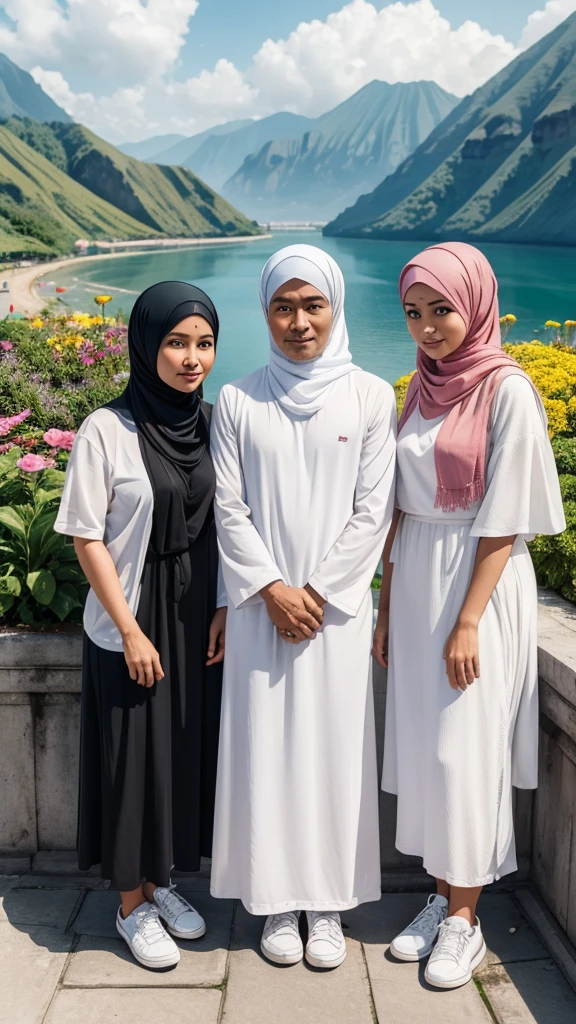 Create a friendly close-up photo style featuring an Indonesian MAN aged 40 and a MAN aged with clean faces, a WOMAN aged 35 wearing a hijab, two WOMEN aged 23, and a WOMAN aged 20 wearing a hijab. They are all wearing new white t-shirts and white sneakers. They are standing side by side. The location is at Pura Ulun Danu Bratan Bali. The background details include a volcanic lake and flower garden, fresh colors, yellow lighting, realistic, 8k, HD.