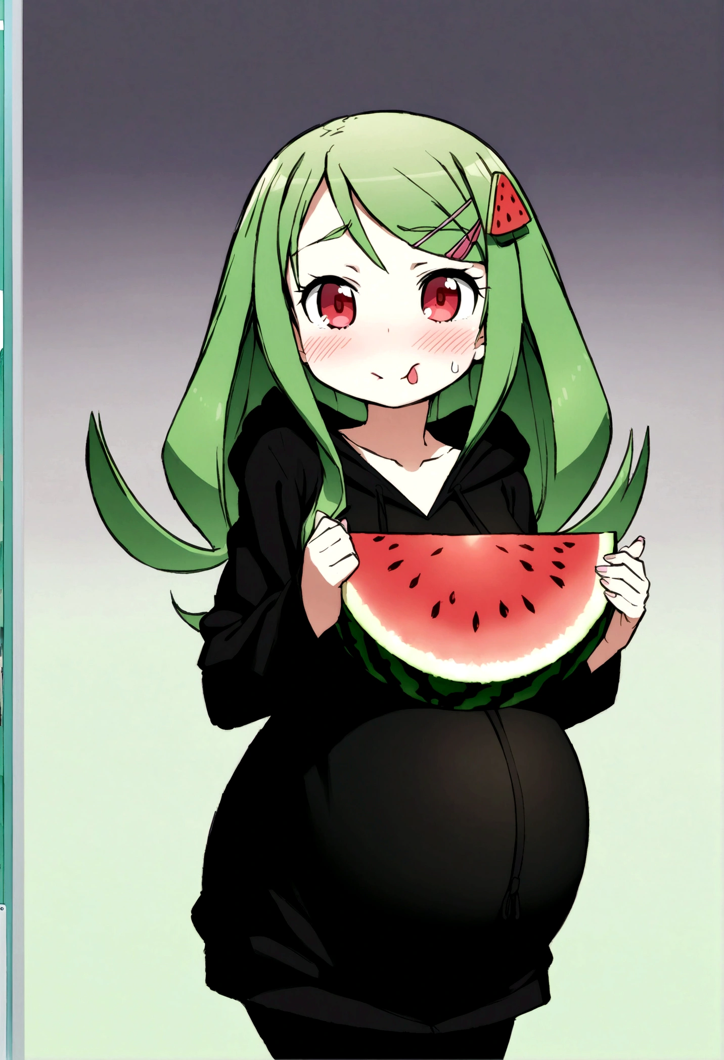 Pregnant girl with long green hair with a watermelon hair clip and red eyes wearing an oversized black hoodie with watermelon design and black stockings.she has four watermelon seeds on either side of her cheeks.she is blushing