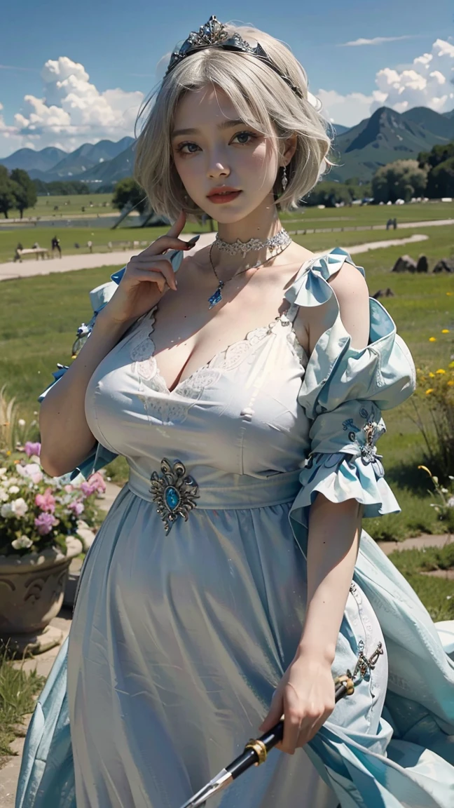 ((best quality))，White Girl，Open your mouth，Hand holding a scepter，have，Large Breasts，The background is grassland，Fat Girl，Fat Face，White，White的，White厚底鞋，short hair，((masterpiece))，((1 girl))， Lots of details，((Jewelry))，Medieval noble summer dress, （Nikolai Fehin），(Fechinbu， They are like this, )