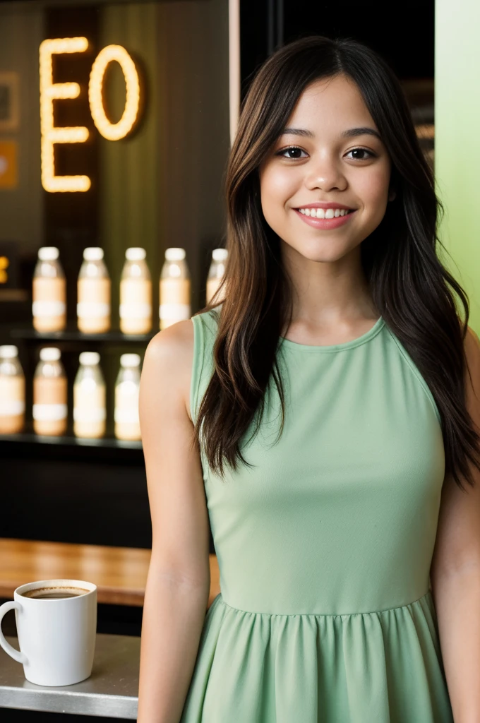 Jenna orterga, Jenna_Ortega in a sleeveless dress, skinny, Long Hair, charlie_jordan:0.6,
Light green sleeveless dress,
head shot, close, Upper Body, Coffee shop background, Mid 20s, Year:21, 21 years old, Portraiture,