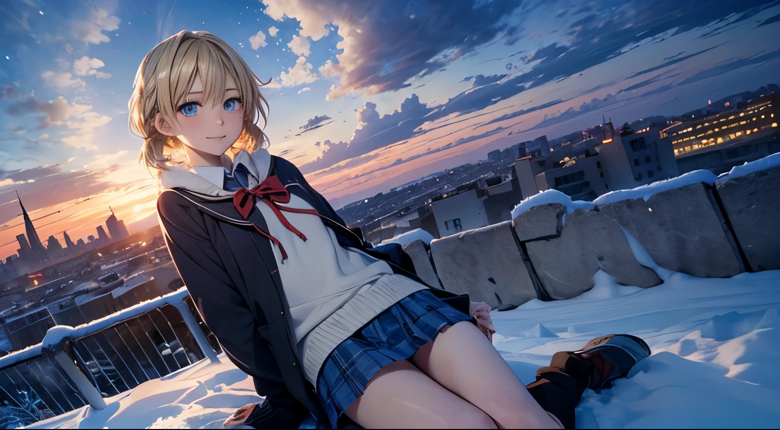 fullnude, masutepiece,8K,octans, Skysky, stele(Skysky), landscapes, starrysky, natta, looks at the camera, (Legs without stockings:1.iercing gaze, nigh sky, report, plein air, built, clouds, milkyway, City, silhuette, Cityscape,(Short, Low twin-tailed blonde hair:1.2), (Deep Blue Eyes:1.3, piercing gaze, small smile, (winter school uniform:1.1)? in love