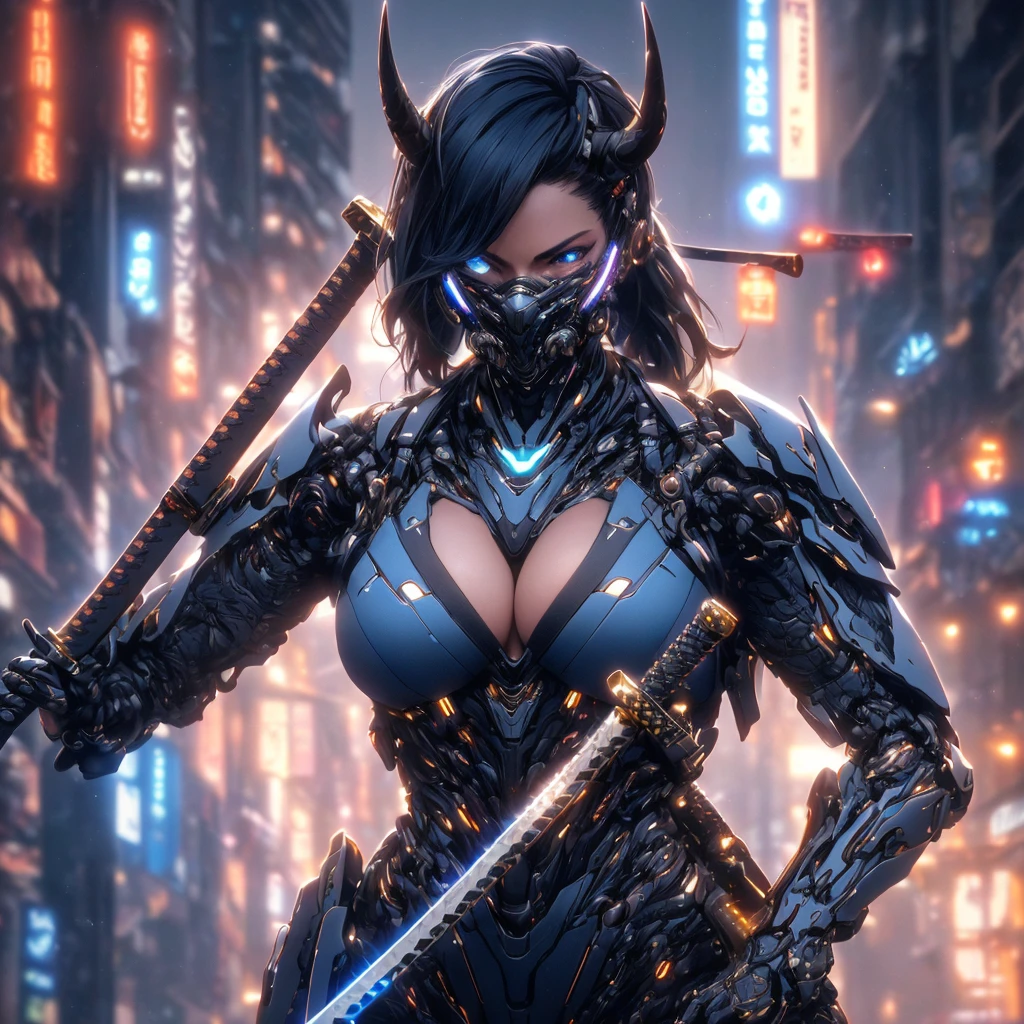 Super realistic, hyper realistic, super detailed, (cybersamurai, long hair, blue eyes, black hair, cleavage, upper body, horns, armor, blurry, clothing cutout, mask, blurry background, science fiction, mouth mask, cyborg, cyberpunk, katana on back, katana handle sticking out behind back:1.3) (glowing simple black background:1.25), masterpiece, best quality, wide-angle Hyperdetailed, masterpiece, best quality, 8k, natural lighting, soft lighting, sunlight, HDR (High Dynamic Range), Maximum Clarity And Sharpness, Multi-Layered Textures