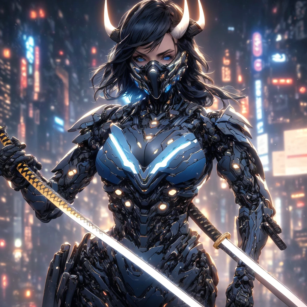 Super realistic, hyper realistic, super detailed, (cybersamurai, long hair, blue eyes, black hair, cleavage, upper body, horns, armor, blurry, clothing cutout, mask, blurry background, science fiction, mouth mask, cyborg, cyberpunk, katana on back, katana handle sticking out behind back:1.3) (glowing simple black background:1.25),  masterpiece, best quality, wide-angle Hyperdetailed, masterpiece, best quality, 8k, natural lighting, soft lighting, sunlight, HDR (High Dynamic Range), Maximum Clarity And Sharpness, Multi-Layered Textures