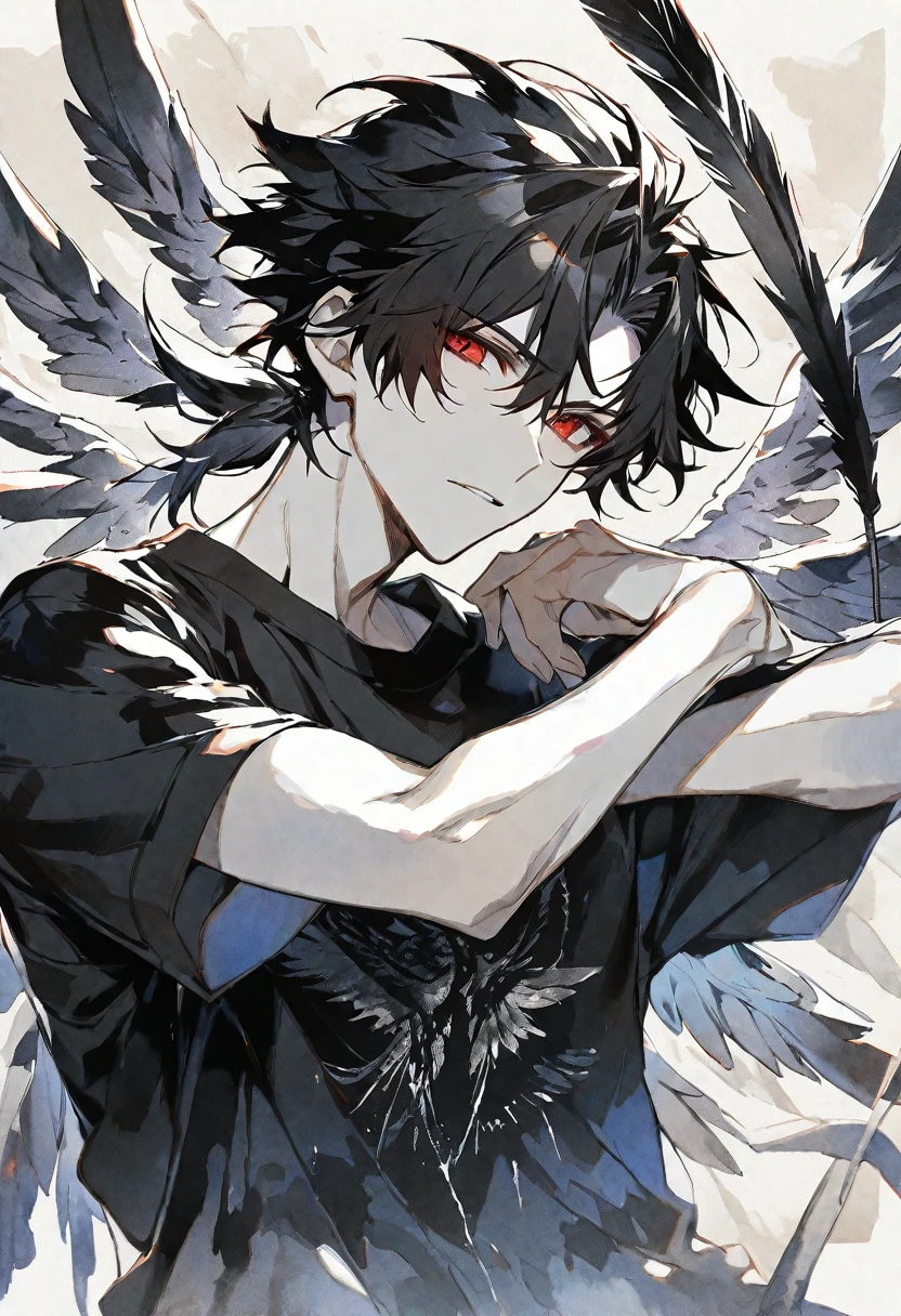 Solo,handsome, monotone,Watercolor,
1. male,
black hair and half White hair, ponytail,
red eyes,
angel's feather, The Fallen Angel's Feather,
a black oversized T-shirt,