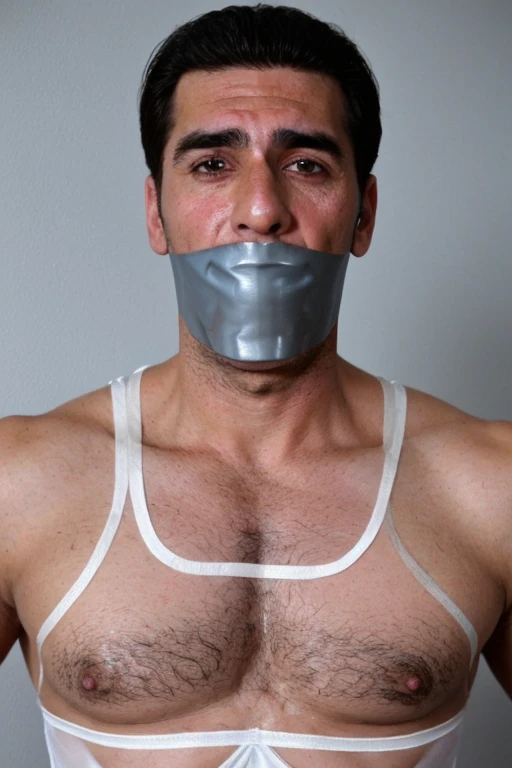 Old arab men,tape gag ,hairy chest, white men singlet,