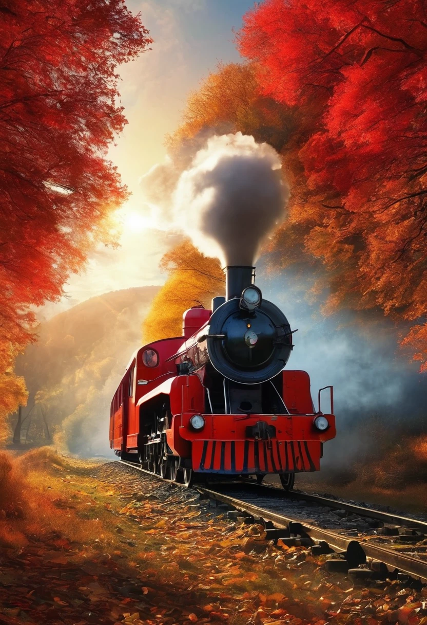 autumn，Beautiful scenery，sunrise，Red train