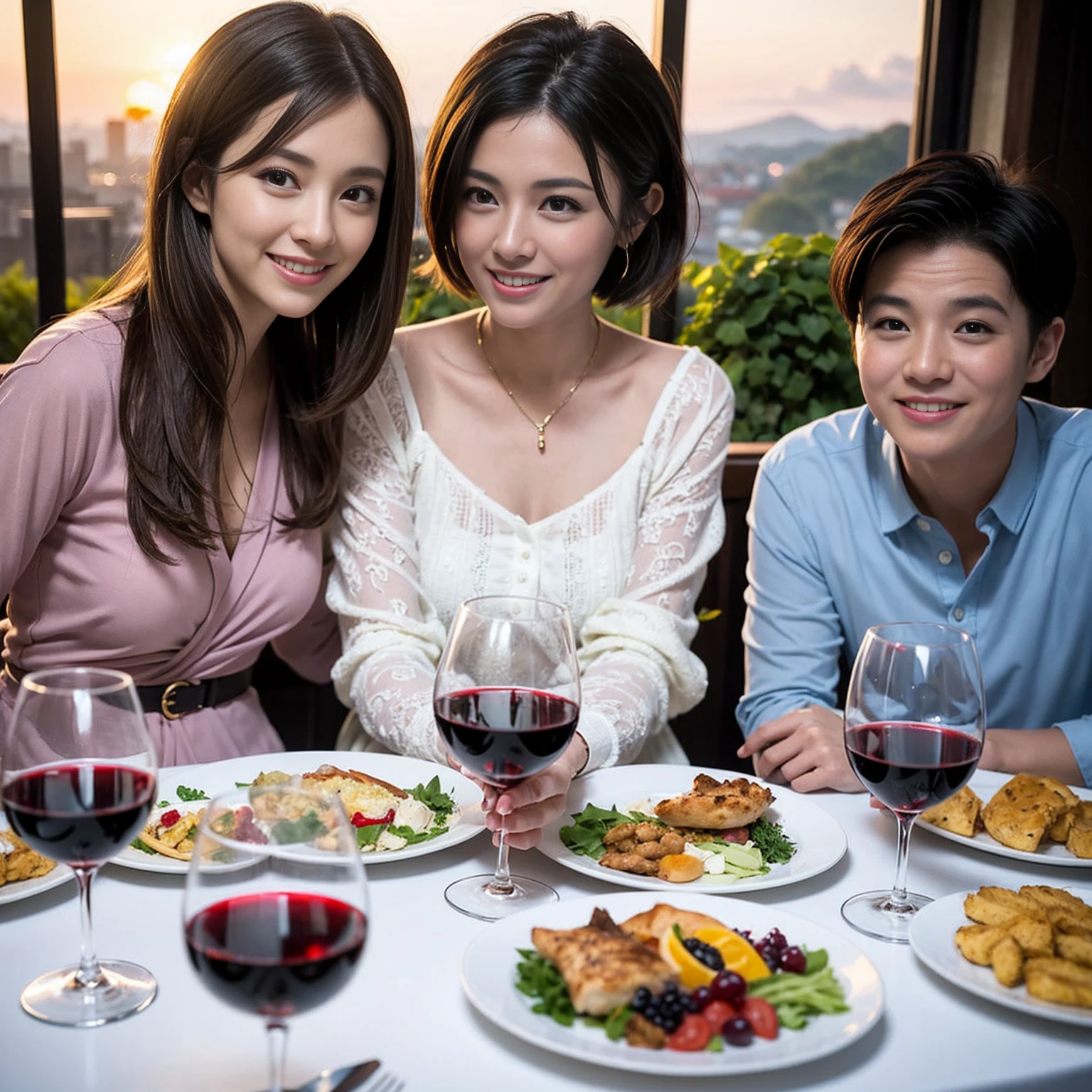 ((Highest quality、8K、masterpiece:1.3))、 (Ultra-realistic、 Genuine、Bright image、Intricate details:1.2),Wine Party、 最高のsmile、Slim Beauty、1 male 1 female、Beautiful couple、love love love、Lovers in Kyoto、Good friends、actress couple、smile、Full-course dinner at a packed table、 (Slim face), (the body is slim), (Brown Hair), (short hair), テーブルのwine glass、Please shine a light on my face、 Amazing view of the sunset sky and clouds、 years old 39 years old, red wine 、Appetizers、Wine bottle、sparkling wine、Long sleeve shirt、dress、White wine, red wine, wine glass,