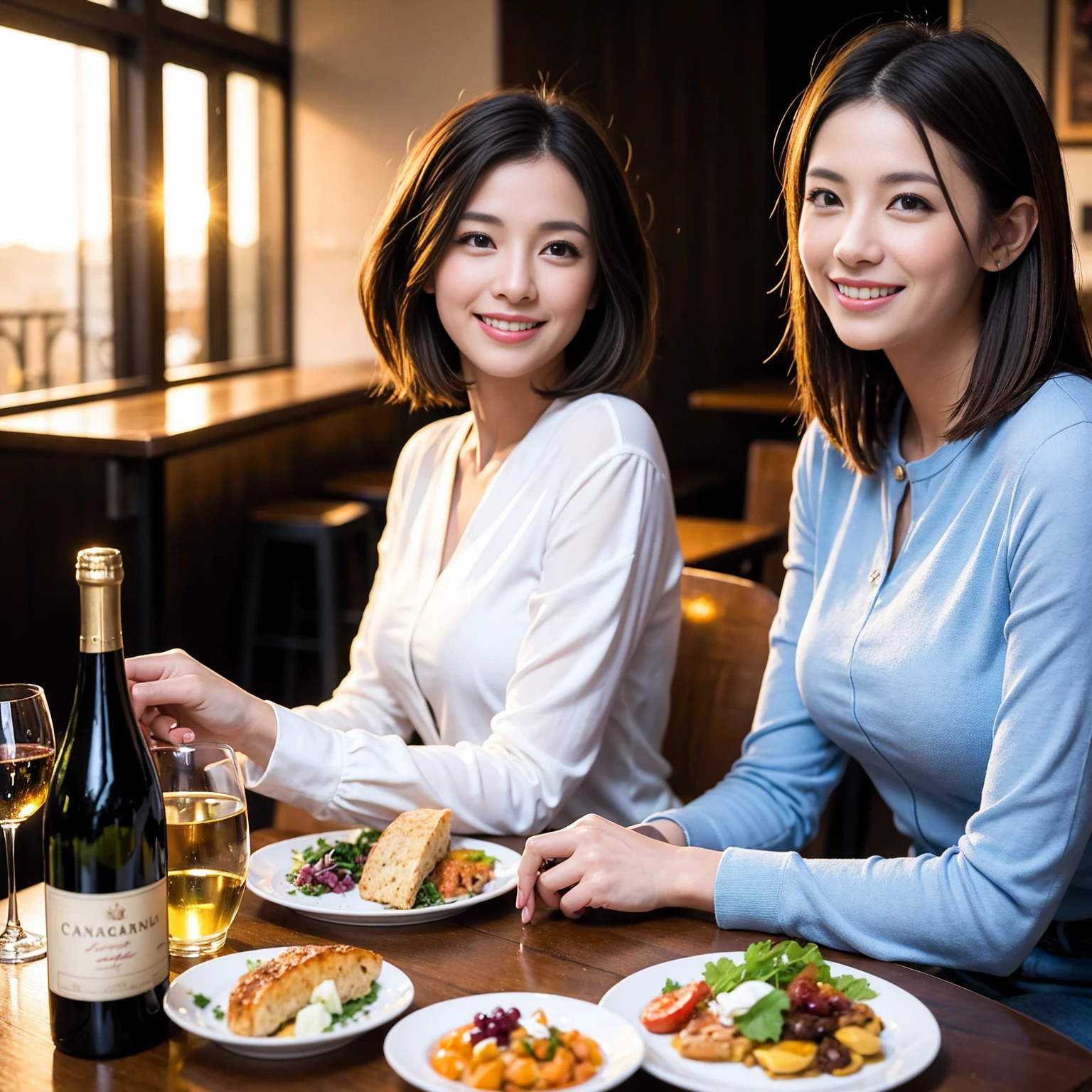((Highest quality、8K、masterpiece:1.3))、 (Ultra-realistic、 Genuine、Bright image、Intricate details:1.2),Wine Party、 最高のsmile、Slim Beauty、1 male 1 female、Beautiful couple、love love love、Lovers in Kyoto、Good friends、actress couple、smile、Full-course dinner at a packed table、 (Slim face), (the body is slim), (Brown Hair), (short hair), テーブルのwine glass、Please shine a light on my face、 Amazing view of the sunset sky and clouds、 years old 39 years old, red wine 、Appetizers、Wine bottle、sparkling wine、Long sleeve shirt、dress、White wine, red wine, wine glass,