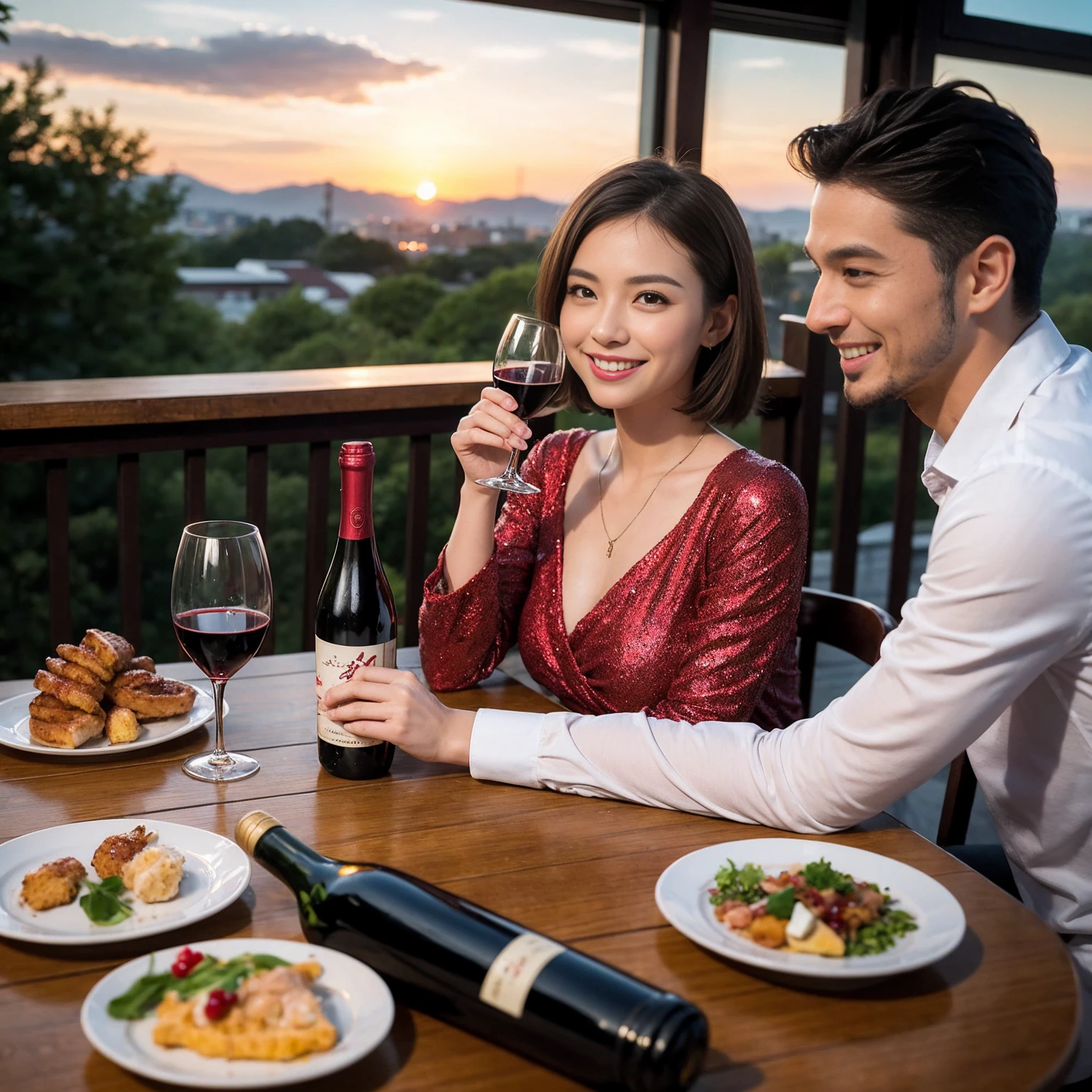 ((Highest quality、8K、masterpiece:1.3))、 (Ultra-realistic、 Genuine、Bright image、Intricate details:1.2),Wine Party、 最高のsmile、Slim Beauty、1 male 1 female、Beautiful couple、love love love、Lovers in Kyoto、Good friends、actress couple、smile、Full-course dinner at a packed table、 (Slim face), (the body is slim), (Brown Hair), (short hair), テーブルのwine glass、Please shine a light on my face、 Amazing view of the sunset sky and clouds、 years old 39 years old, red wine 、Appetizers、Wine bottle、sparkling wine、Long sleeve shirt、dress、White wine, red wine, wine glass,