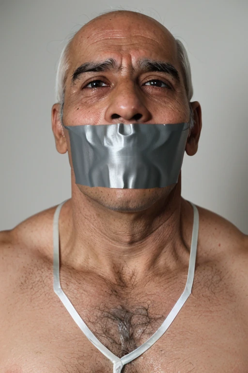 Old indian men,tape gag ,hairy chest, white men singlet, mouth tape