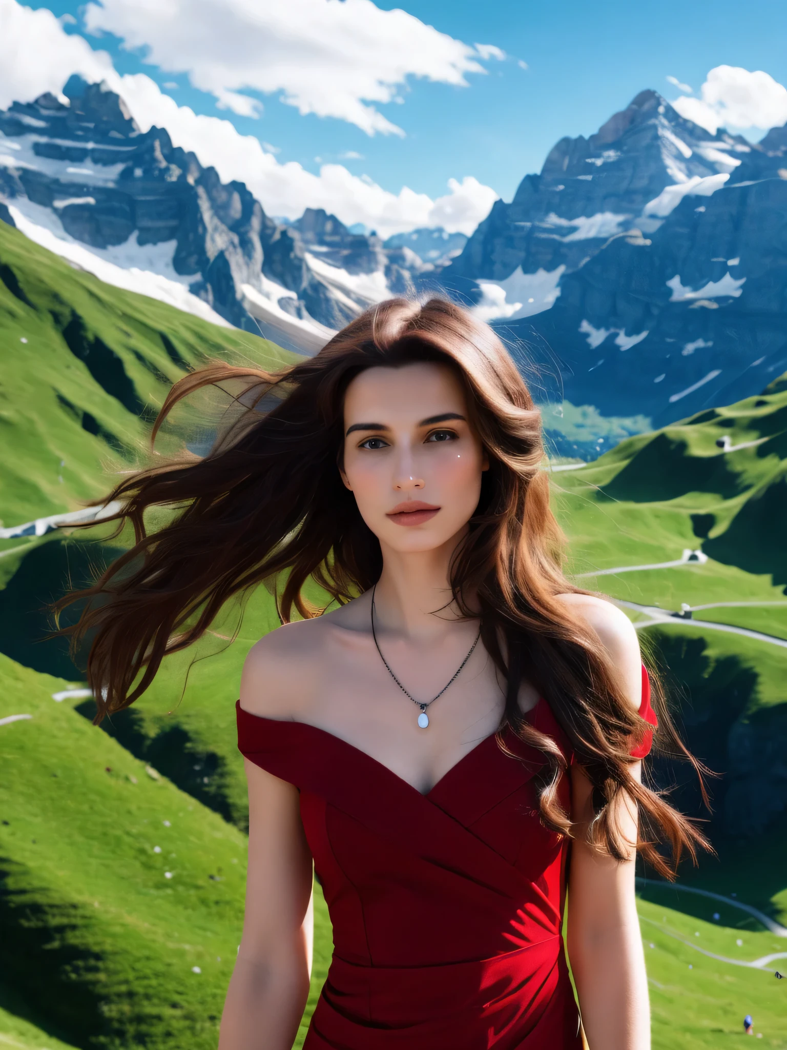 masterpiece,ultra realistic,32k,extremely detailed CG unity 8k wallpaper, best quality,
The Swiss Alps, Switzerland, ( Dark red A-line dress ) ,((spring day )), Beachy waves with a side part ,eardrop,lady ,necklace,