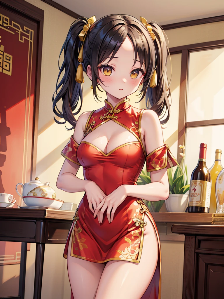 Masterpiece, Supreme Quality, High Resolution, Super Details, on l G hair, twin tails, on hair ribb, on yellow ribb, , naked shoulder, cheongsam, China Clothes, short dresses, cleavage cutouts, side bust, thighs, hands _ top _ hips, wrinkles _ forehead, indoor,