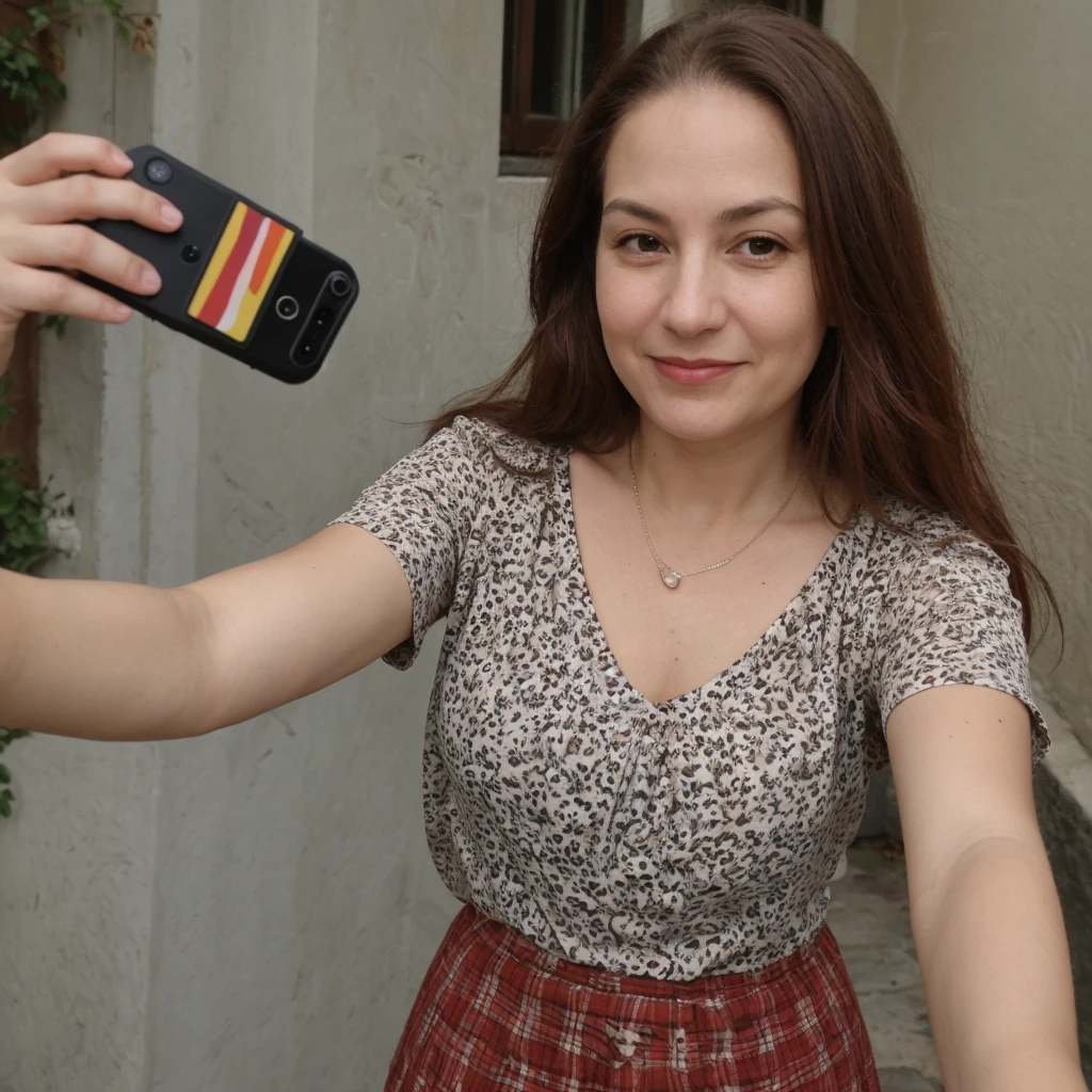 1 girl, solo, Caucasian, Old woman, mature, her name is Sophia, (mother), ((consistent face and image)), (((60 years old woman))), (((wrinkles))), ((long red hair)), ((fair skin)), ((round face)), ((short roman nose)), ((brown plump lips)), ((full body)), ((half body shot)), (((sexy and chubby body))), (((wearing skirt and printed blouse))), (inside Portugal townhouse backyard), smirk, ((spring season)), (((selfie)))
