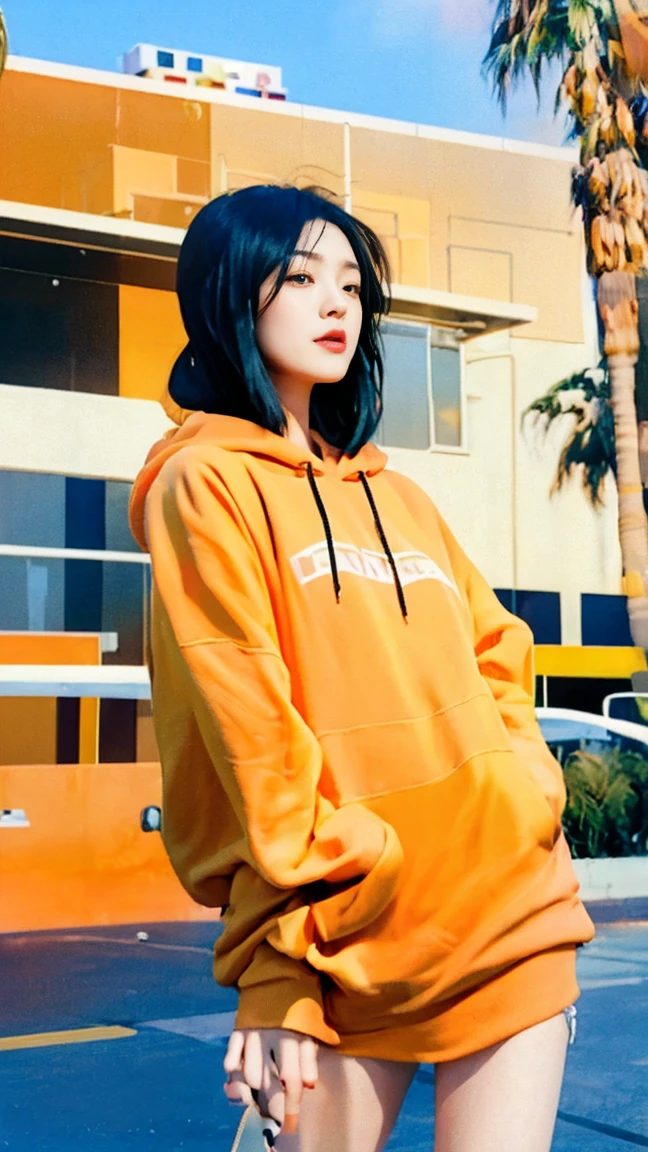 1 girl, beautiful, black bob hair, almond eye, no makeup, wear ((orange hoodie)), ((oversize_hoodie)), peach tennis skirt in front of ((80's mondrian architecture colorful motel)),(from below:1.2), (realistic:1.1), (surreal:1.2), (very detailed:1.1), ((masterpiece)),summer, blue sky, (palm trees),sunny, los angles vibes,