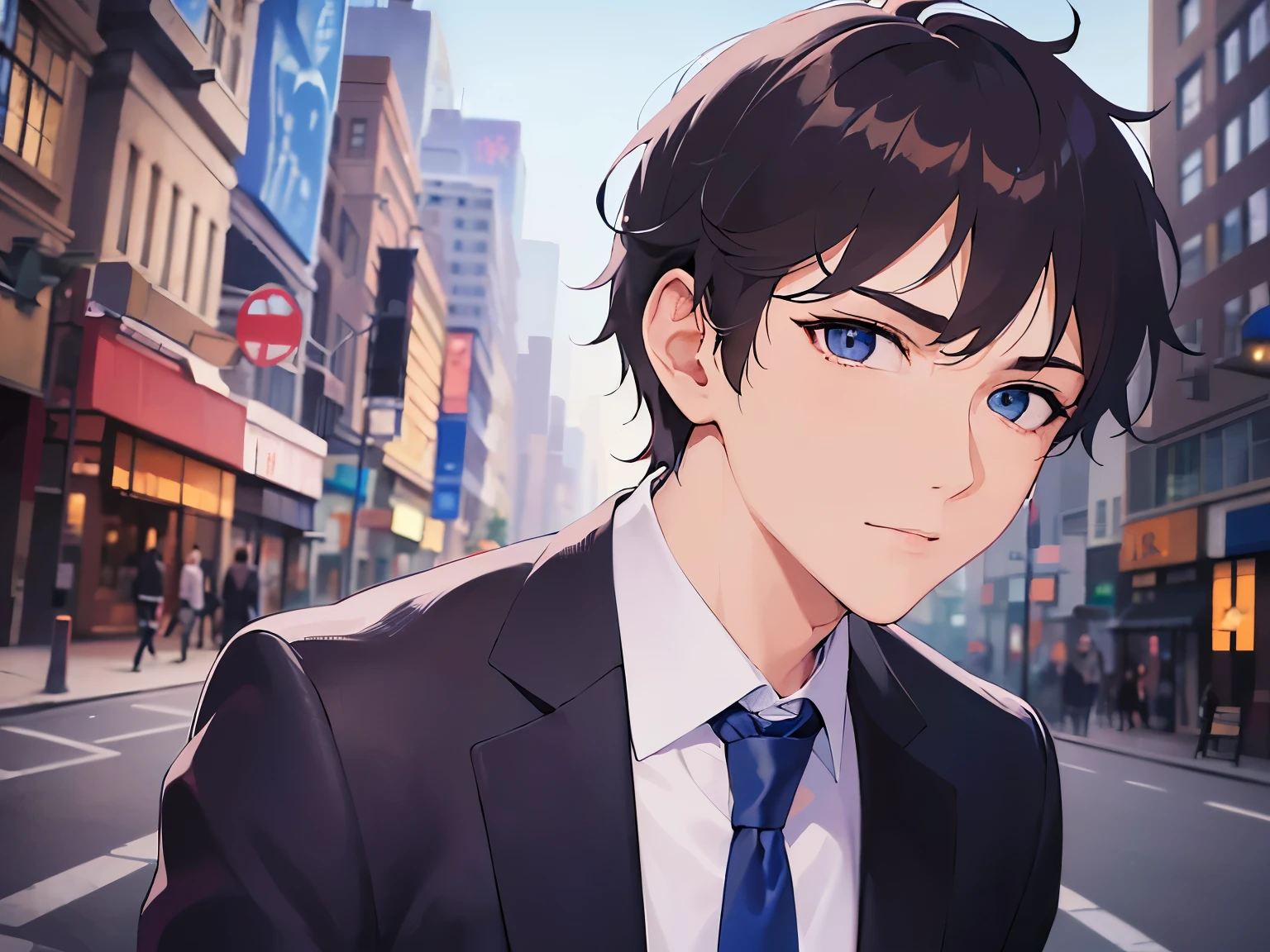 Detailed CG,Ultra-fine illustrations,masterpiece,Highest quality,Shiny skin,BREAK(26-year-old male:1.5)BREAK,(Black Short Hair)and(blue eyes),(suit:1.5)and(white collared shirt)and(Blue tie),(Questioning face:1.3),(head tilt:1.0),The background is a night city