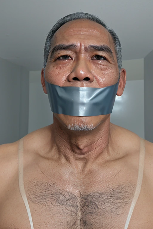 Old malay men,tape gag ,hairy chest, white men singlet, mouth tape