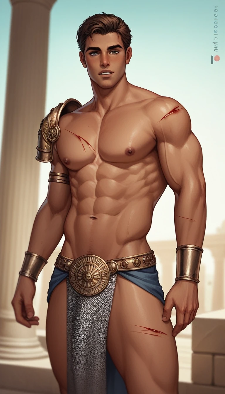 best quality, masterpiece, mature man, bites lip, bronzed tan skin, bleeding cuts and bruises, wearing ancient roman gladiator armor, gladiator sleeping quarters, sexy, gay, homoerotic, best view, perfect fingers, no watermark, no logo, no signature