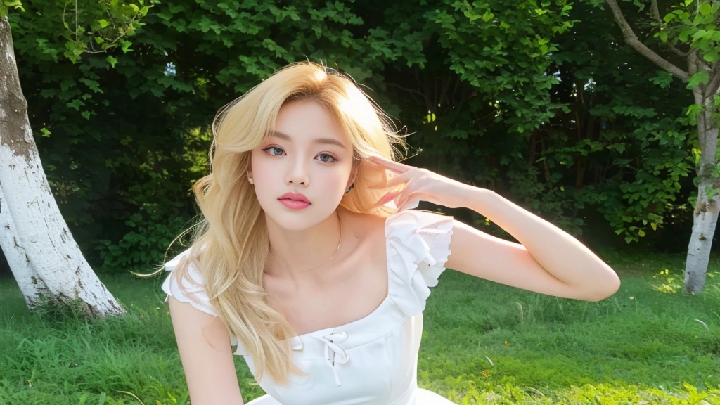 Blonde girl in white dress posing on the grass, Larissa Manobar, Blackpink&#39;s Larissa Manoban, blackpink 的 roseanne park, Portrait of Blackpink member Jossi, Portrait of a Korean female idol, Long white hair and bangs, tzuyu from times, Shin Jin Hye, Hot sun, Sakimichan, Home