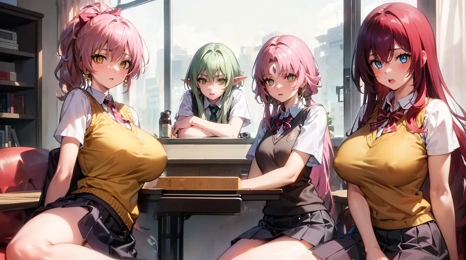 1girl, female,pale skin,huge breastmikajougasaki, mika jougasaki, hair bow, long hair, ((pink hair:1.5)), (yellow eyes:1.5), ponytail,
BREAK (otonokizaka , pleated skirt, , short sleeves, skirt, summer uniform, sweater vest, yellow sweater vest,:1.2)
BREAK  sitting in an office chair, on a desk,
BREAK (masterpiece:1.2), best quality, high resolution, unity 8k wallpaper, (illustration:0.8), (beautiful detailed eyes:1.6), extremely detailed face, perfect lighting, extremely detailed CG, (perfect hands, perfect anatomy),