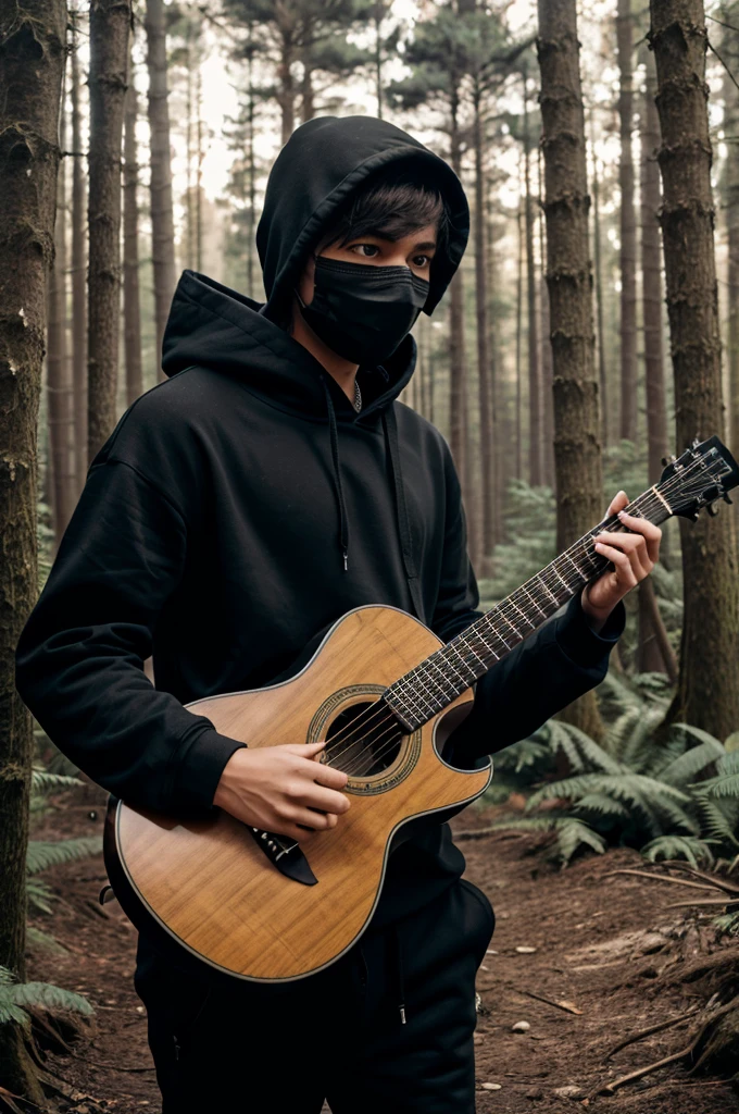 A boy with acoustic guitar and wearing black mask in black hoodie in a forest