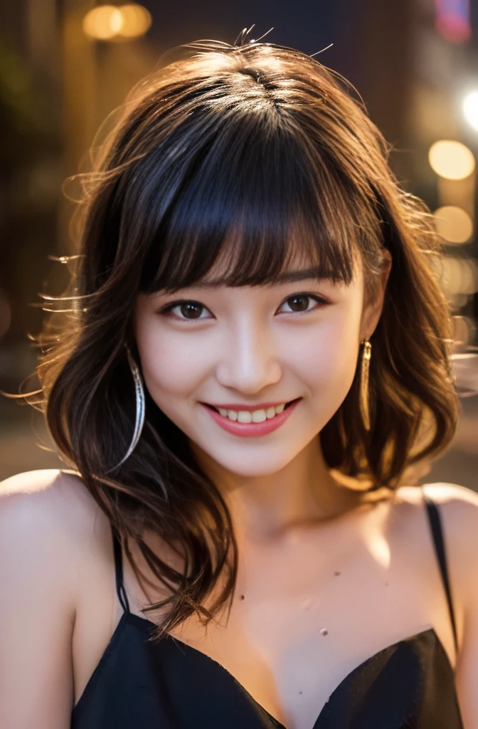 ((Night in the City、Highest quality、masterpiece、High resolution))、(((Zoom photo of upper body、Wet body、Wet Hair)))、(A shy smile:1.2)、1 woman, aged 20、Beautiful Skin、Beautiful Eyes、Large Breasts、Cat Ear Headband、Black Dress、Black Hair、Wavy Hair、Shorn bangs