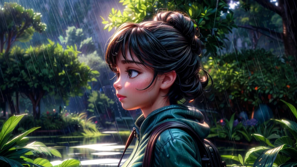 a girl in a middle school uniform walking home in the rainy season, discovering a frog family sheltering from the rain, beautiful detailed face and eyes, long eyelashes, thoughtful expression, school backpack, rain falling, puddles on the ground, lush green foliage, tranquil atmosphere, (best quality,4k,8k,highres,masterpiece:1.2),ultra-detailed,(realistic,photorealistic,photo-realistic:1.37),HDR,UHD,studio lighting,ultra-fine painting,sharp focus,physically-based rendering,extreme detail description,professional,vivid colors,bokeh,atmospheric,cinematic,emotional,moody lighting
