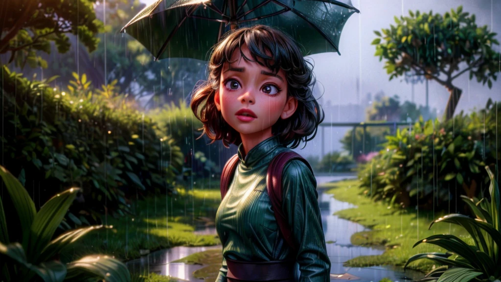 a girl in a middle school uniform walking home in the rainy season, discovering a frog family sheltering from the rain, beautiful detailed face and eyes, long eyelashes, thoughtful expression, school backpack, rain falling, puddles on the ground, lush green foliage, tranquil atmosphere, (best quality,4k,8k,highres,masterpiece:1.2),ultra-detailed,(realistic,photorealistic,photo-realistic:1.37),HDR,UHD,studio lighting,ultra-fine painting,sharp focus,physically-based rendering,extreme detail description,professional,vivid colors,bokeh,atmospheric,cinematic,emotional,moody lighting