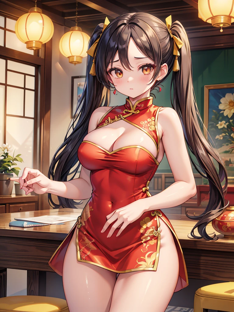 Masterpiece, Supreme Quality, High Resolution, Super Details, on l G hair, twin tails, on hair ribb, on yellow ribb, , naked shoulder, cheongsam, China Clothes, short dresses, cleavage cutouts, side bust, thighs, hands _ top _ hips, wrinkles _ forehead, indoor,