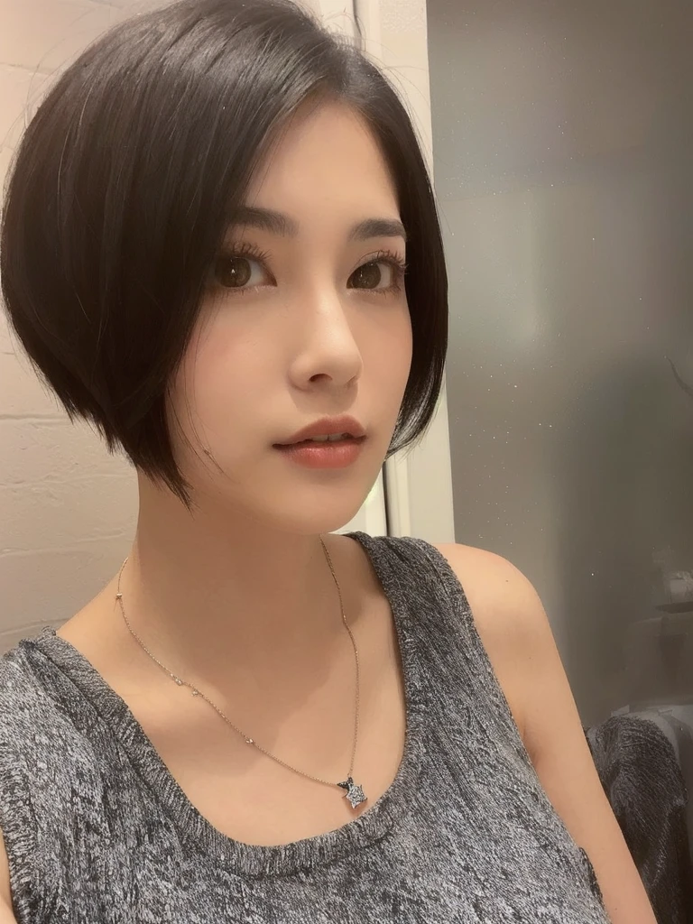 A woman wearing a necklace around her neck poses for a photograph, with short hair, short hair cut, short hair, short haircut, Bobcut, Bobcut hair, Hime cut, Short Bob Hair, French Bob, Chrome Bob Haircut, Short black hair, short hair style, brown short hair, Short black hair, Short Straight Hair, Black shiny bob haircut
