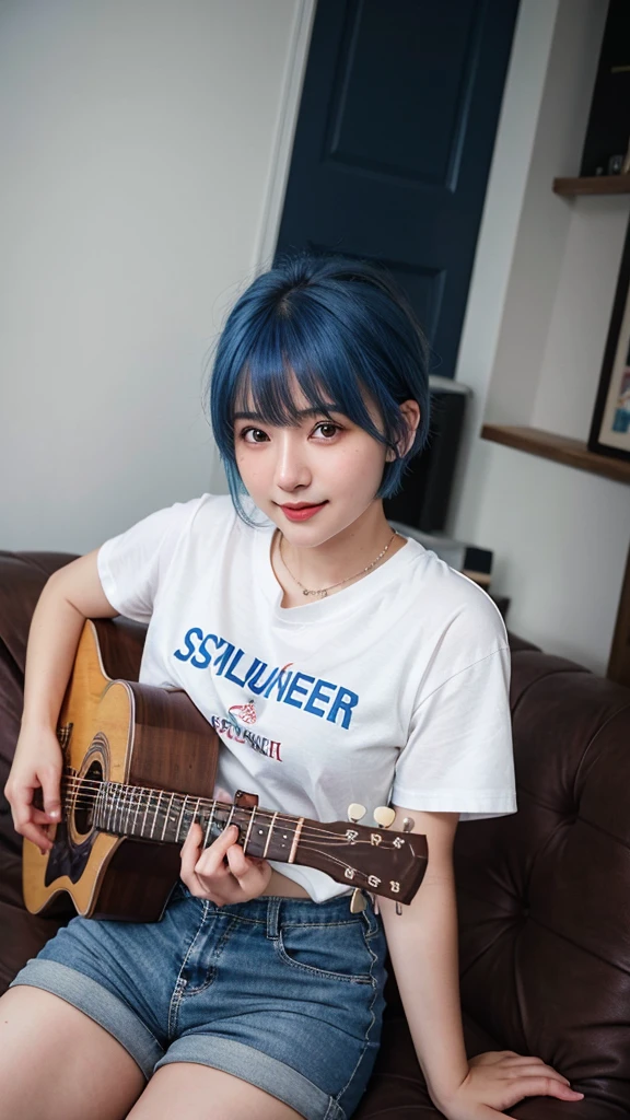 ((best quality)), photorealistic, photorealism, Photorealistic, high resolution, ((Wearing t shirt, short pants))、smile、A superb beauty、Super cute、ennui、Rare beauty、Very Short hair、Black Dark Eyeshadow、Sad、white skin、pale skin, Very short hair layered、Cute Makeup、Cute Smile、Fragrant beauty、Music studio background、Mastepiece、Best Quality、Refers to 5 books、Sweat glistening on my chest、Sweat glistening on my face、Medium breasts、Blue hair、Age 20 years old、Mysterious look、A sad expression、Blue Hair、Glamorous music studio、Sweating profusely all over the body、Plenty of sweat glistening on the thighs、A large amount of sweat glistens on my thighs、Sweating profusely、Gal、Medium breasts、Beautiful face、Alluring expression、Sitting、Sitting playing guitar、Thick thighs、Playing guitar、I have a guitar、Sing a song enthusiastically、Playing guitar in a band、Rock band、Playing guitar chords、Live House Background、Sing a song、Open your mouth、Live house scenery、Glamorous live stage、Dynamic Angle