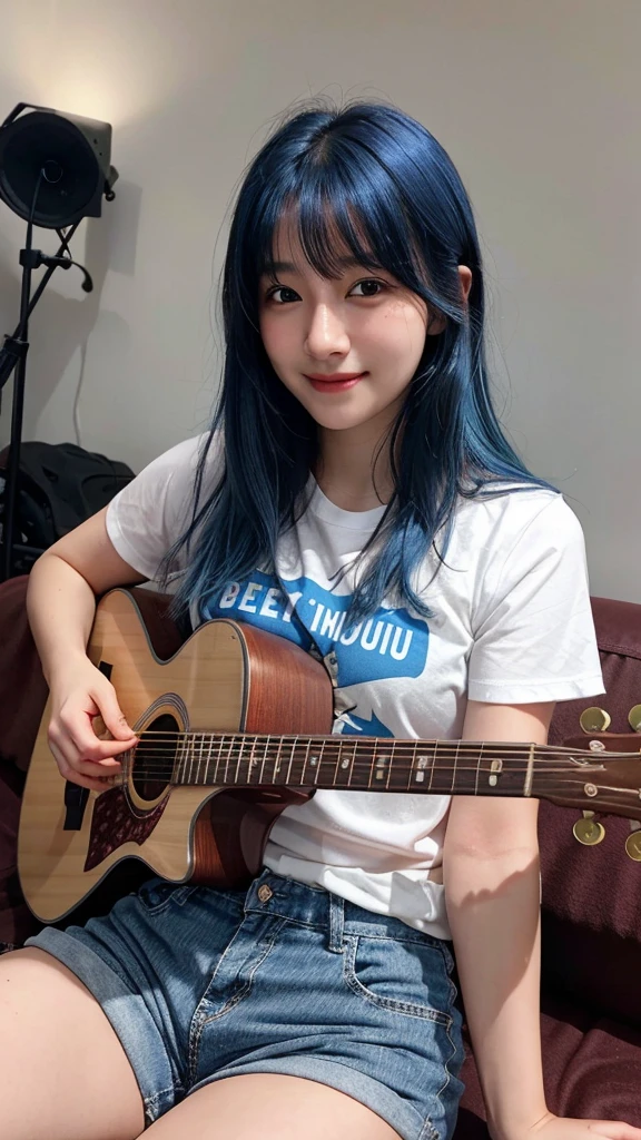 ((best quality)), photorealistic, photorealism, Photorealistic, high resolution, ((Wearing t shirt, short pants))、smile、A superb beauty、Super cute、ennui、Rare beauty、Very Short hair、Black Dark Eyeshadow、Sad、white skin、pale skin, Very short hair layered、Cute Makeup、Cute Smile、Fragrant beauty、Music studio background、Mastepiece、Best Quality、Refers to 5 books、Sweat glistening on my chest、Sweat glistening on my face、Medium breasts、Blue hair、Age 20 years old、Mysterious look、A sad expression、Blue Hair、Glamorous music studio、Sweating profusely all over the body、Plenty of sweat glistening on the thighs、A large amount of sweat glistens on my thighs、Sweating profusely、Gal、Medium breasts、Beautiful face、Alluring expression、Sitting、Sitting playing guitar、Thick thighs、Playing guitar、I have a guitar、Sing a song enthusiastically、Playing guitar in a band、Rock band、Playing guitar chords、Live House Background、Sing a song、Open your mouth、Live house scenery、Glamorous live stage、Dynamic Angle
