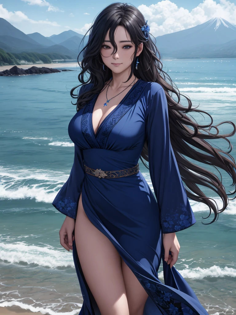 masterpiece,ultra realistic,32k,extremely detailed CG unity 8k wallpaper, best quality,
The fujiyama, japan, ( Dark blue A-line dress ) ,((spring day )), Beachy waves with a side part ,eardrop,lady ,necklace,