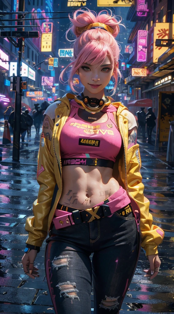 masterpiece, maximum quality, ultra high resolution, 8k, a girl,beauty,21years old,fair skin, extremely beautiful,strong gaze, alone,bust portrait,cyberpunk outfit, extremely detailed face, detailed eyes, mischievous smile, cheerful, realistic photo, totally realistic, human pelle, studio lighting,golden ratio body, wide hips,perfect legs, big ass,pink hair, double buns,blunt bangs,orange and white clothing,D-cup breasts,in the cyberpunk city,cyberpunk city background,((night)),rain,side pose,tattoos,happy