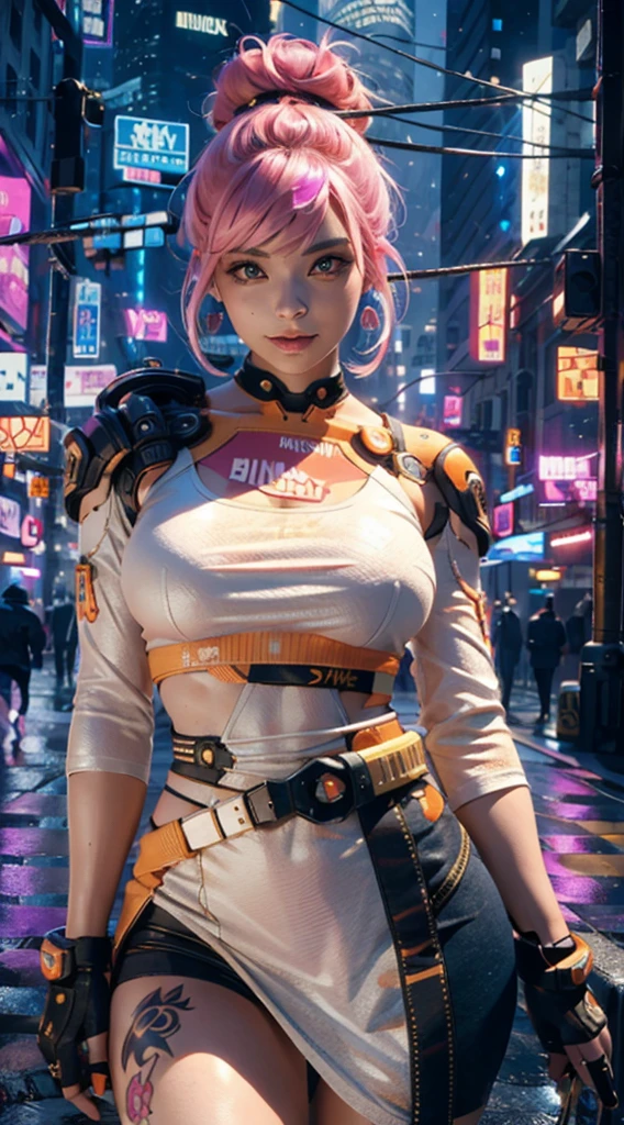 masterpiece, maximum quality, ultra high resolution, 8k, a girl,beauty,21years old,fair skin, extremely beautiful,strong gaze, alone,bust portrait,cyberpunk outfit, extremely detailed face, detailed eyes, mischievous smile, cheerful, realistic photo, totally realistic, human pelle, studio lighting,golden ratio body, wide hips,perfect legs, big ass,pink hair, double buns,blunt bangs,orange and white clothing,D-cup breasts,in the cyberpunk city,cyberpunk city background,((night)),rain,side pose,tattoos,happy