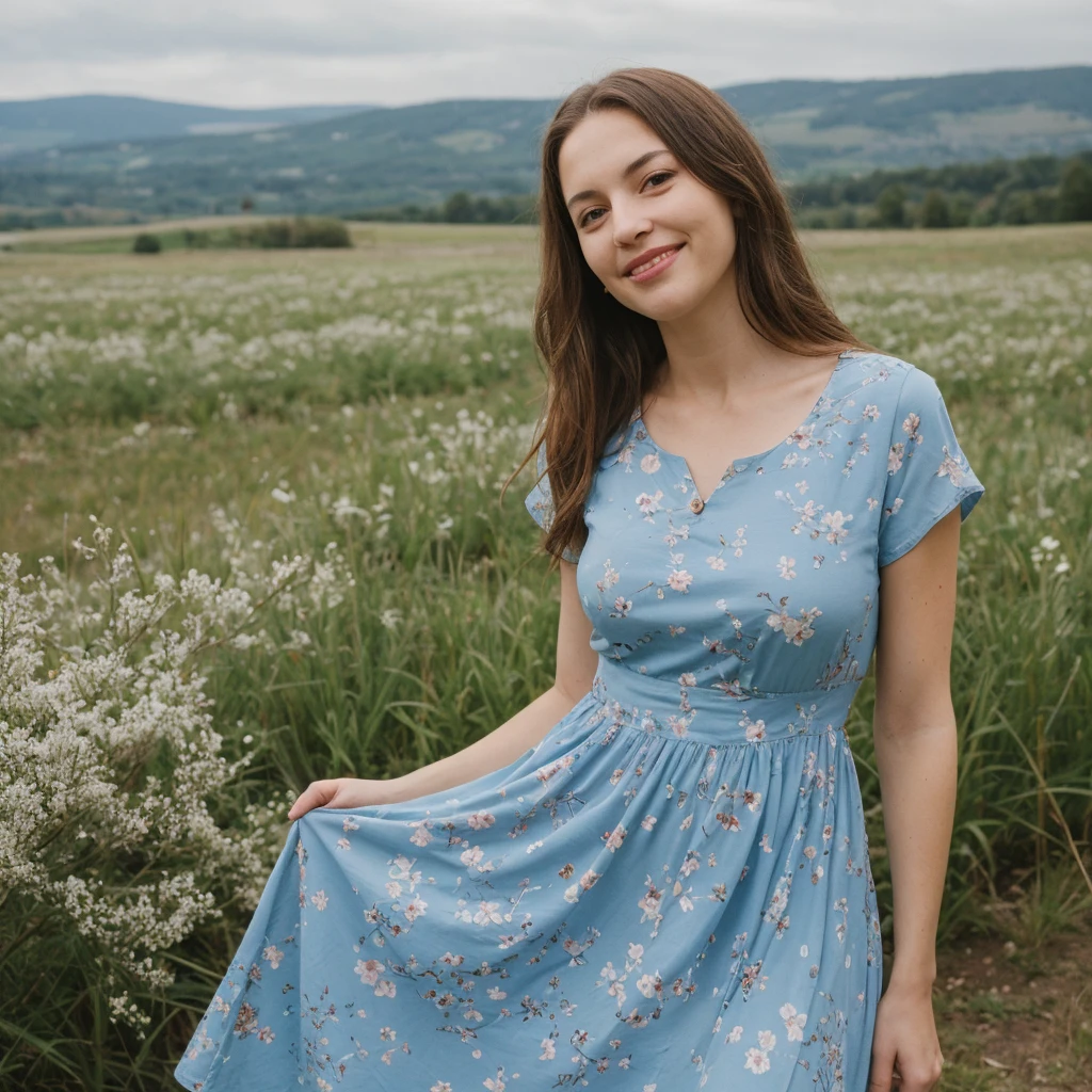 1 girl, solo, Liechtensteiner woman, Old woman, name is Isla, (((60 years old woman))), (((wrinkles))), ((long brunette hair)), ((fair skin)), ((round face)), ((short pointy nose)), ((big plump lips)), ((full body)), ((half body shot)), (((slim body))), (((wearing blue floral dress))), (at the mountain field in Germany), smirk, (random pose), ((spring season)),

