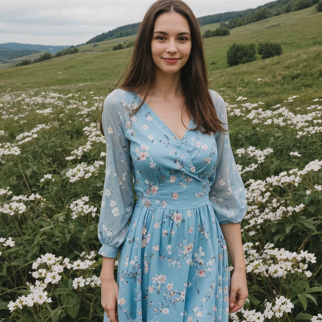 1 girl, solo, Liechtensteiner woman, Old woman, name is Isla, (((60 years old woman))), (((wrinkles))), ((long brunette hair)), ((fair skin)), ((round face)), ((short pointy nose)), ((big plump lips)), ((full body)), ((half body shot)), (((slim body))), (((wearing blue floral dress))), (at the mountain field in Germany), smirk, (random pose), ((spring season)),