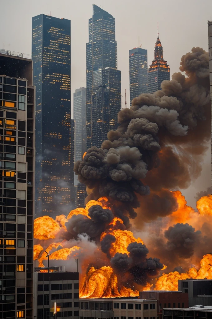 Burning city full of fire burning buildings and flakes falling from the sky