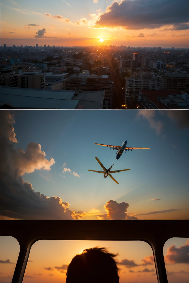 (8K, RAW Photos, Highest quality, masterpiece:1.2),(Realistic, photo-Realistic:1.37), ((Highest quality)), Ultra-high resolution,非常に詳細な CG ユニティ 8K 壁紙, Physically Based Rendering,Cinema Lighting,whole body, (Bokeh:1.4), (One boy), sit, Watching the sunset, Warm Sunset, Beautiful sky, cloudy, Airplane wake, View from afar, From below