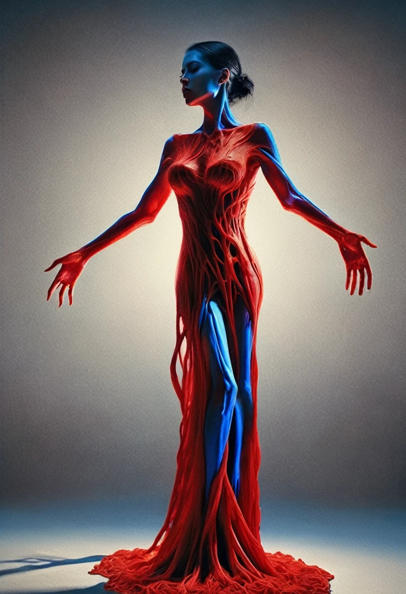 Shocking visual art, a new interpretation of pop art, a strange and disturbing atmosphere, a breathless force, a woman that is standing in a dress, digital art, by Anna Füssli, unsplash, digital art, with arteries as roots, cinema 4d colorful render, red and blue back light, neri oxman



