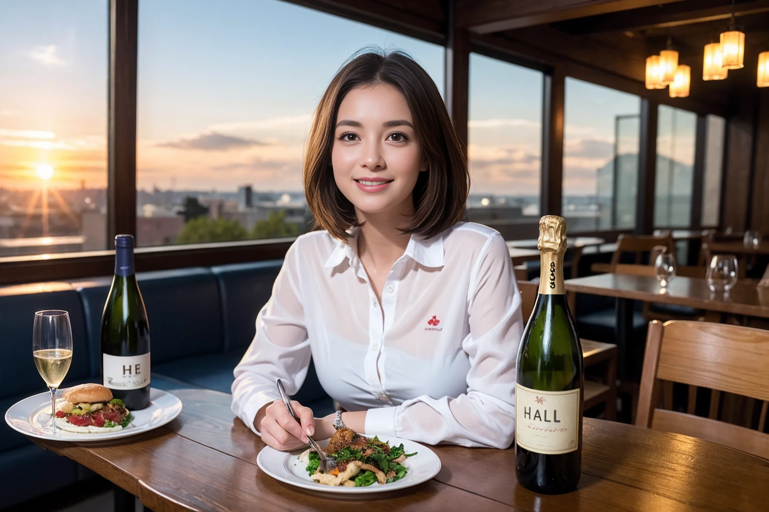 ((Highest quality、8K、masterpiece:1.3))、1 male、1 female、spouse、Beautiful couple、smile、full-course dinner、 (Slim face), (the body is スリム), (Brown Hair), (Shortcuts), ((Bob Hale、Straight hair:1.2)), テーブルの上のwine glass、Please shine a light on my face、 Amazing view of the sunset sky and clouds、smileの美しさ、Shortcuts,Bright Face、 (42 years old), 39 years old, red wine 、Appetizers、Italian food、Wine bottle、Champagne、sparkling wine、Long sleeve shirt、dress、Attractive beauty、restaurant, Nova Frog Style, actress, model, Upper Body, White wine, red wine, wine glass,
