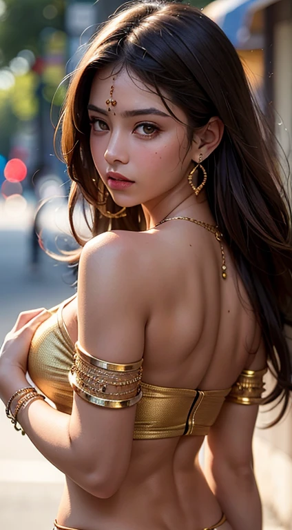 Top quality, masterpiece, ultra high definition, (Reality: 1.4), Original photo, 1Girl, brown eyes, off-shoulder, cinematic lighting, big, dark eyeliner, brown hair, wind, necklace, piercing, bangles, abs, buckshot, back,