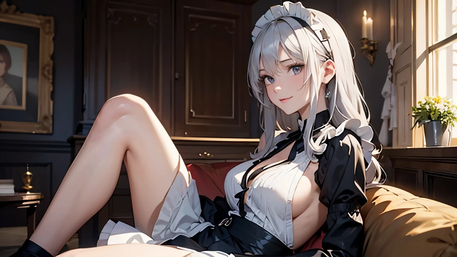 ((masterpiece、highest quality、High resolution、8K))、One female、(attractive woman)、silver hair、long hair、messy hair、smile、black eyes、detailed eyes、white headband、break、Black backless maid outfit、Head to knee、From the side、((stare into the distance))、Holding a dagger、Living room of a luxurious mansion、Highly detailed animated illustrations、