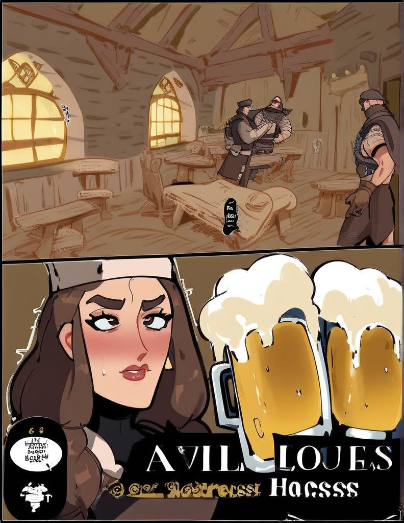medieval fantasy, big tavern house background, big medieval house with beer advertisement