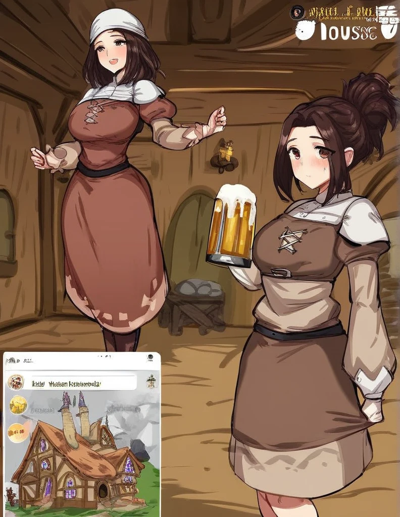 medieval fantasy, big tavern house background, big medieval house with beer advertisement