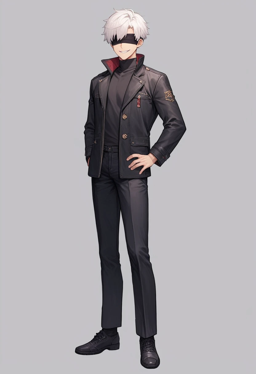 masterpiece, best quality, 1boy, gojou satoru, white hair, short hair, blindfold, black jacket, black pants, ,high collar, long sleeves, shoes, smile, full body, standing, arms on hips, solo, looking at viewer, simple background