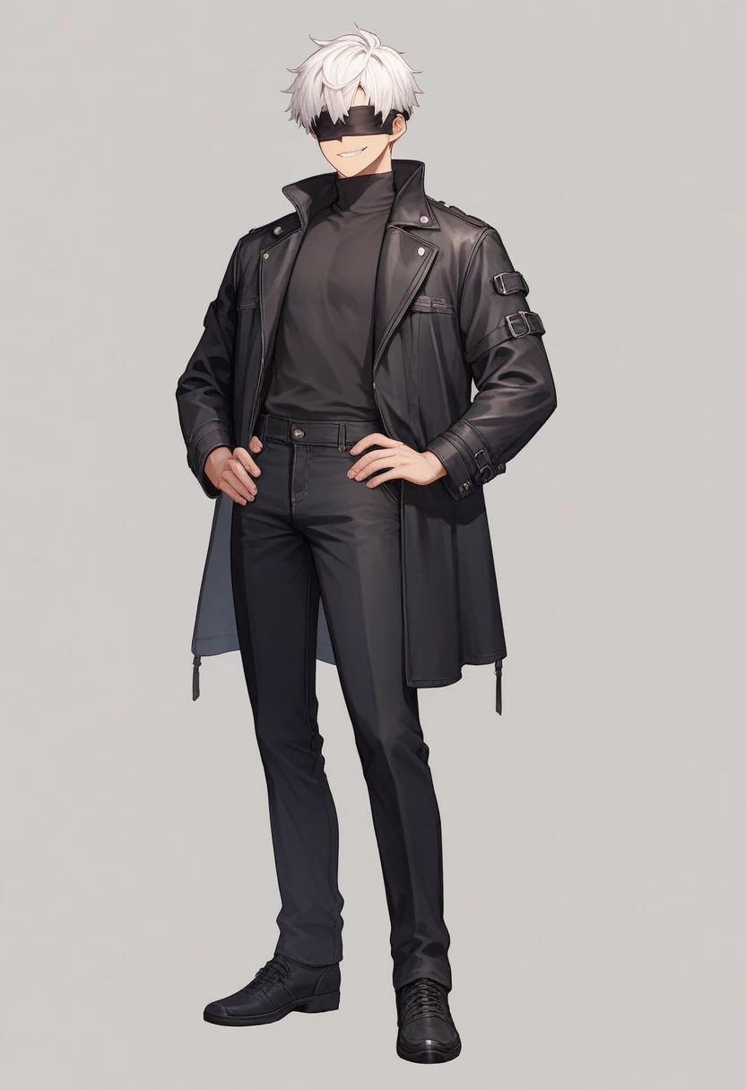 masterpiece, best quality, 1boy, gojou satoru, white hair, short hair, blindfold, black jacket, black pants, ,high collar, long sleeves, shoes, smile, full body, standing, arms on hips, solo, looking at viewer, simple background