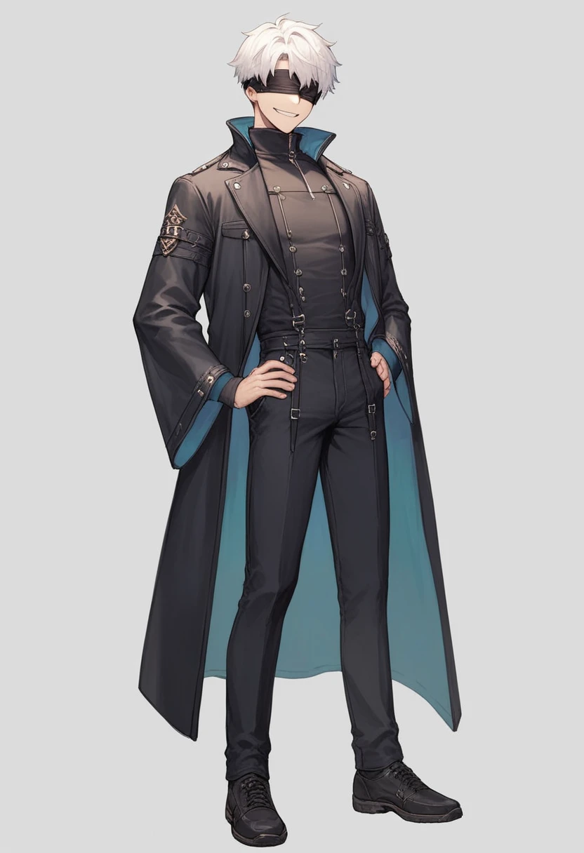 masterpiece, best quality, 1boy, gojou satoru, white hair, short hair, blindfold, black jacket, black pants, ,high collar, long sleeves, shoes, smile, full body, standing, arms on hips, solo, looking at viewer, simple background