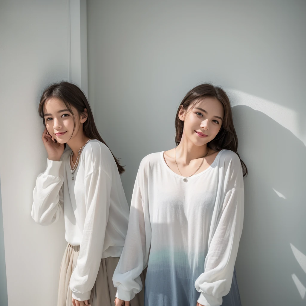 white wall、Taken in front of the white door、(8k、Live shooting、highest quality、masterpiece:1.2)、High-definition RAW color photo、light gray long sleeve shirt、professional photos、(genuine、フォトgenuine:1.37)、Photographed in natural light、1 girl、lazy smile、(various poses)、Blake is (ombre:1.3) 、spring clothes、simple necklace、don&#39;t look at the camera、profile、、((black hair))、　middle hair、Eye color is dark brown、(Beautiful profile:1.3)、correct hand of human body、look down