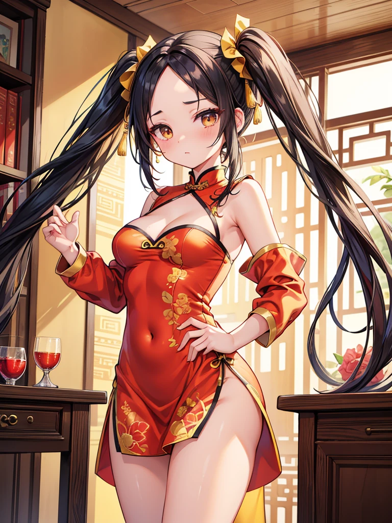 Masterpiece, Supreme Quality, High Resolution, Super Details, on l G hair, twin tails, on hair ribb, on yellow ribb, , naked shoulder, cheongsam, China Clothes, short dresses, cleavage cutouts, side bust, thighs, hands _ top _ hips, wrinkles _ forehead, indoor,